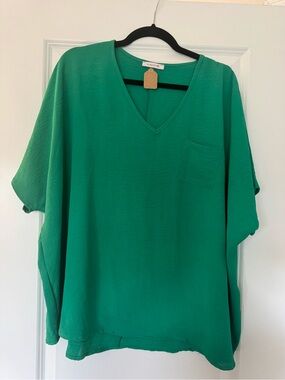 Emerald Green V-Neck Top with Pocket